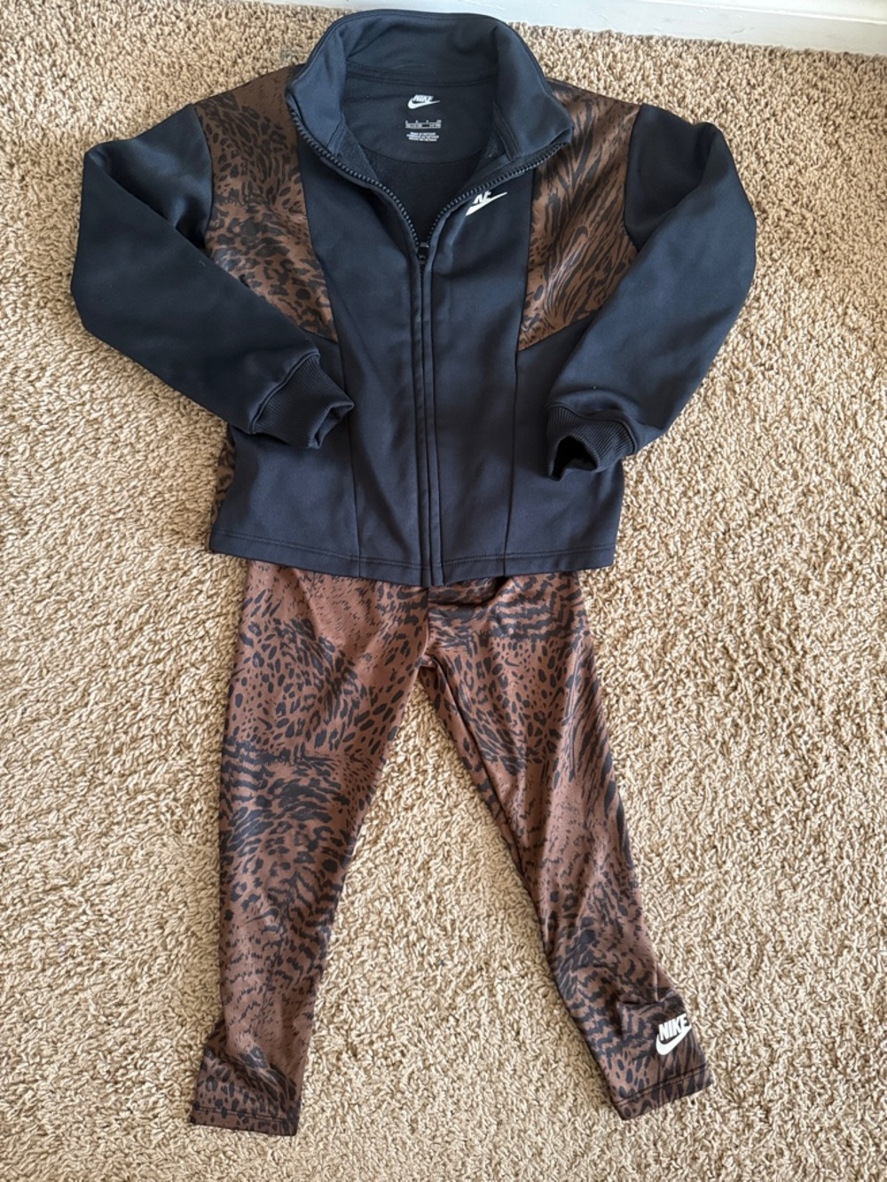 Nike Black Jacket with Brown Animal Print Leggings Set